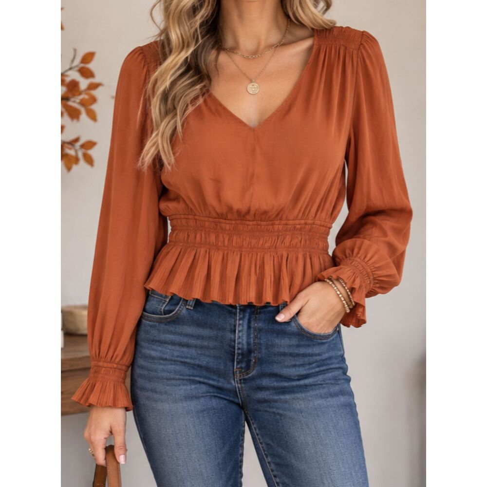 Philosophy Republic Clothing Blouse Medium Rust Orange Pleated Smocked Boho Top